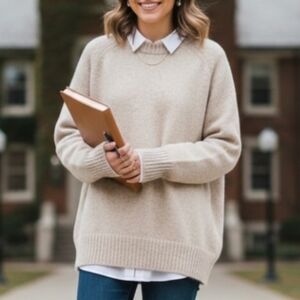 Vtg The Fox Collection Wool Blend Sweater Tan Crewneck Large Made in USA